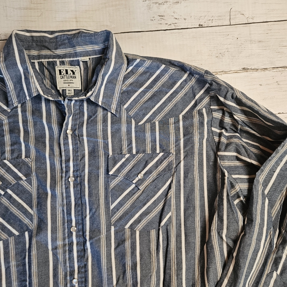 Ely‎ Cattleman Pearl Snap Long Sleeve Western Shirt Blue Stripe Size XXLT